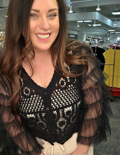 Runway Romance Crochet &amp; Tulle Cropped Cardigan