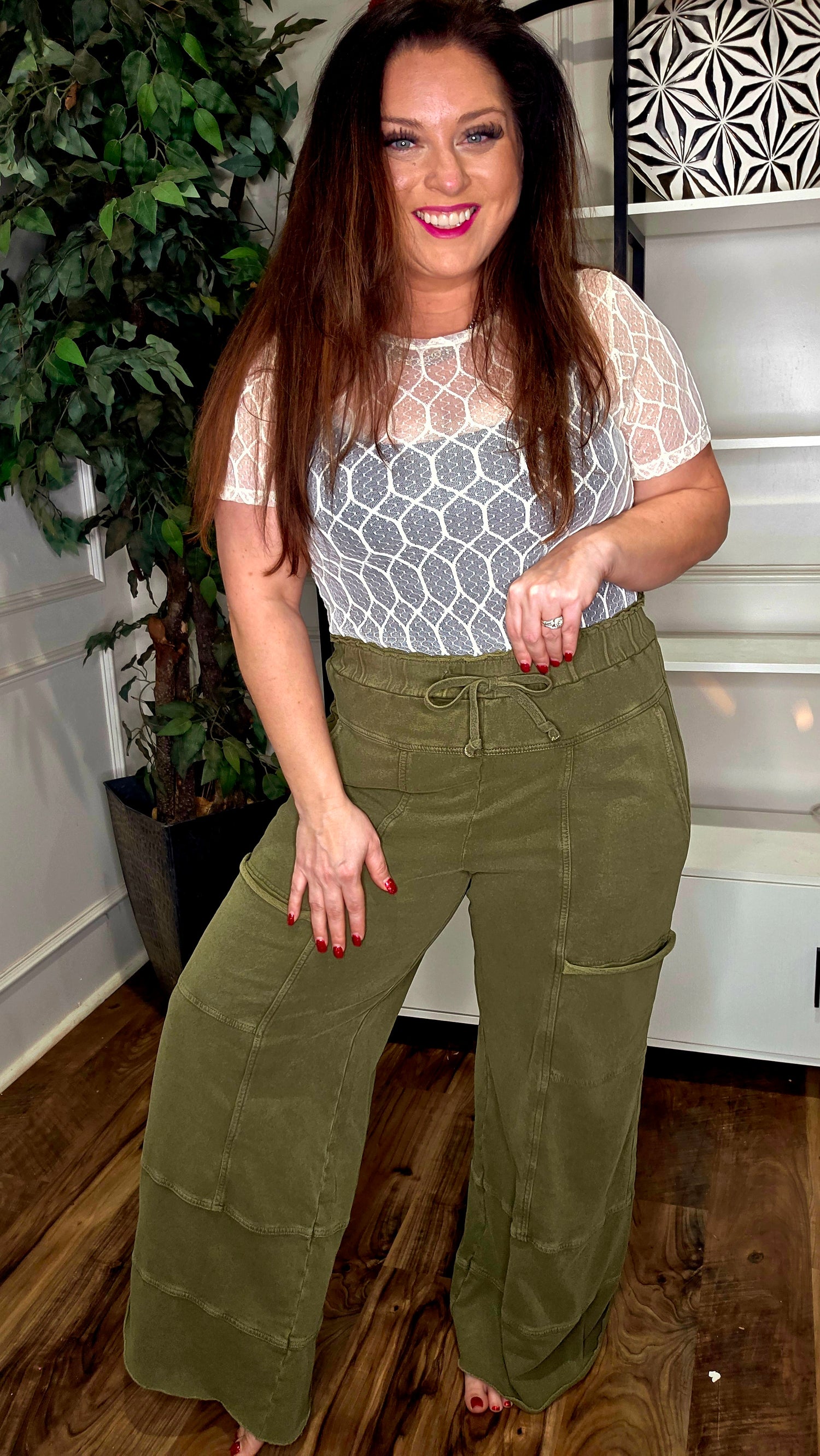 EASEL Washed Olive Cargo Wide-Leg Lounge Pants