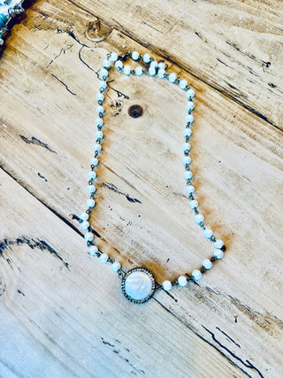 White Bead & Mother of Pearl Pendant Necklace