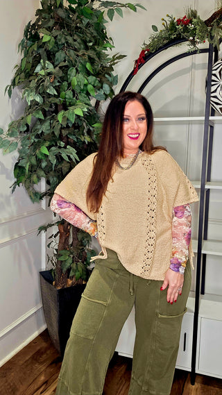 EASEL Boho Lace Trim Poncho Sweater with Side Ties