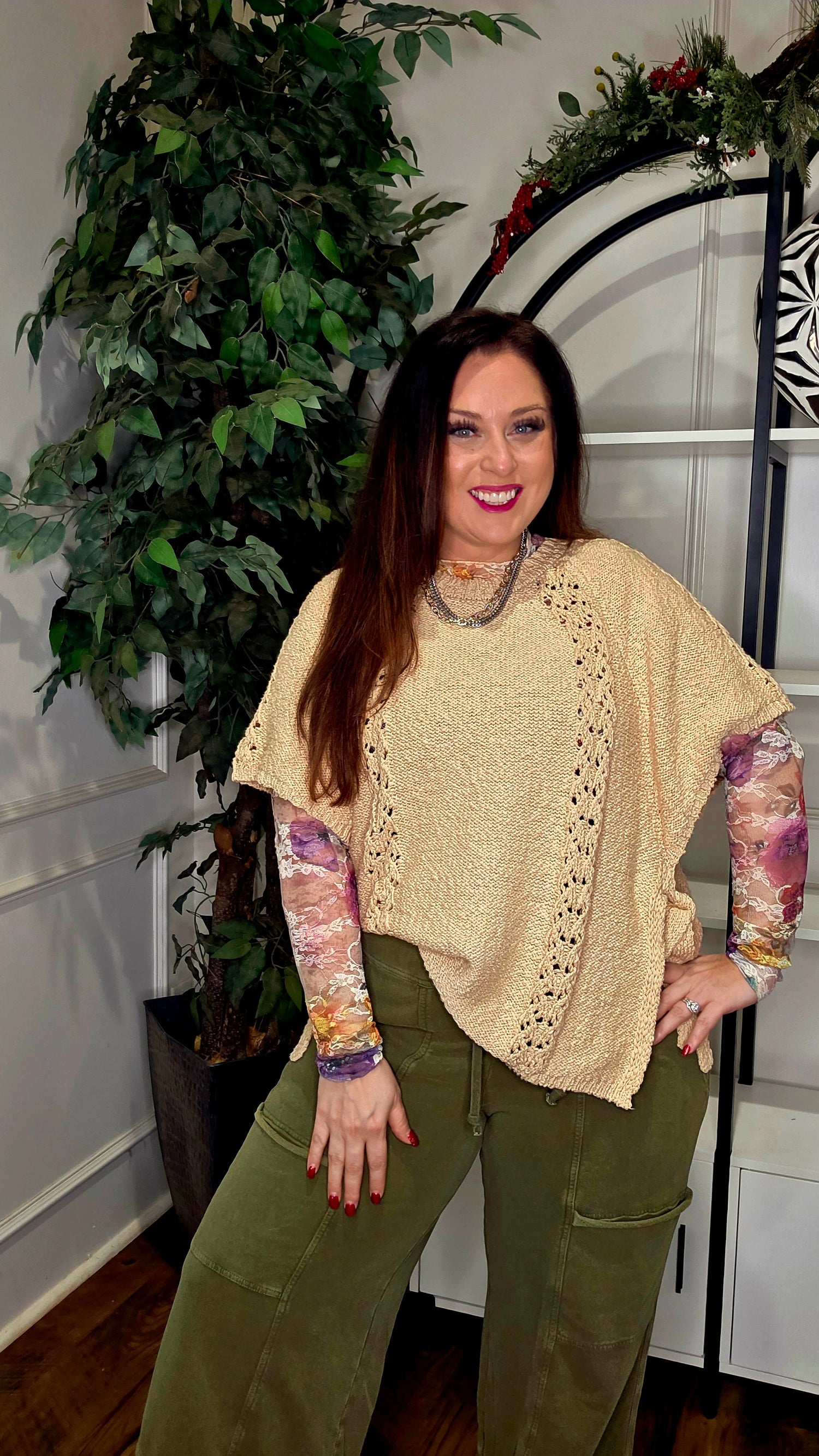 EASEL Boho Lace Trim Poncho Sweater with Side Ties