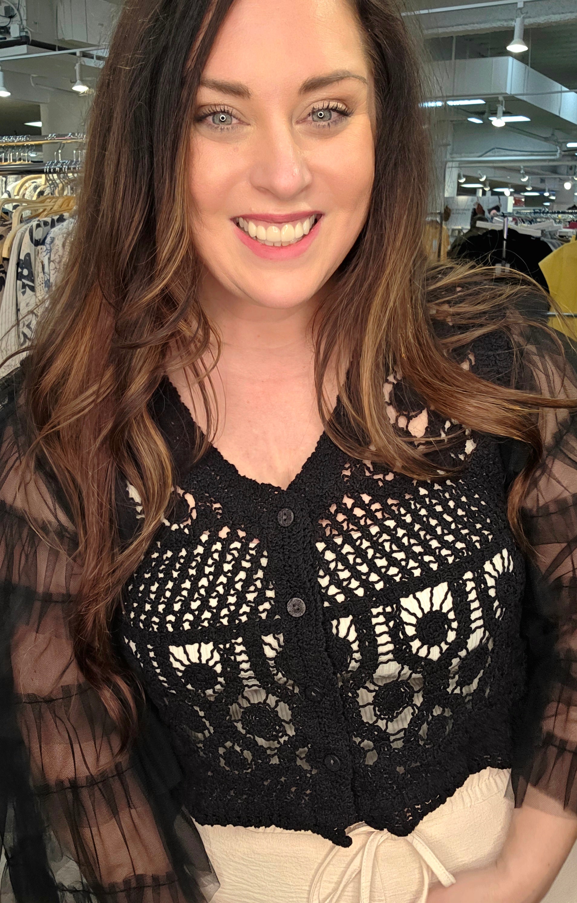 Runway Romance Crochet &amp; Tulle Cropped Cardigan