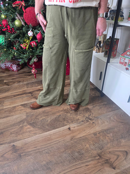 EASEL Washed Olive Cargo Wide-Leg Lounge Pants