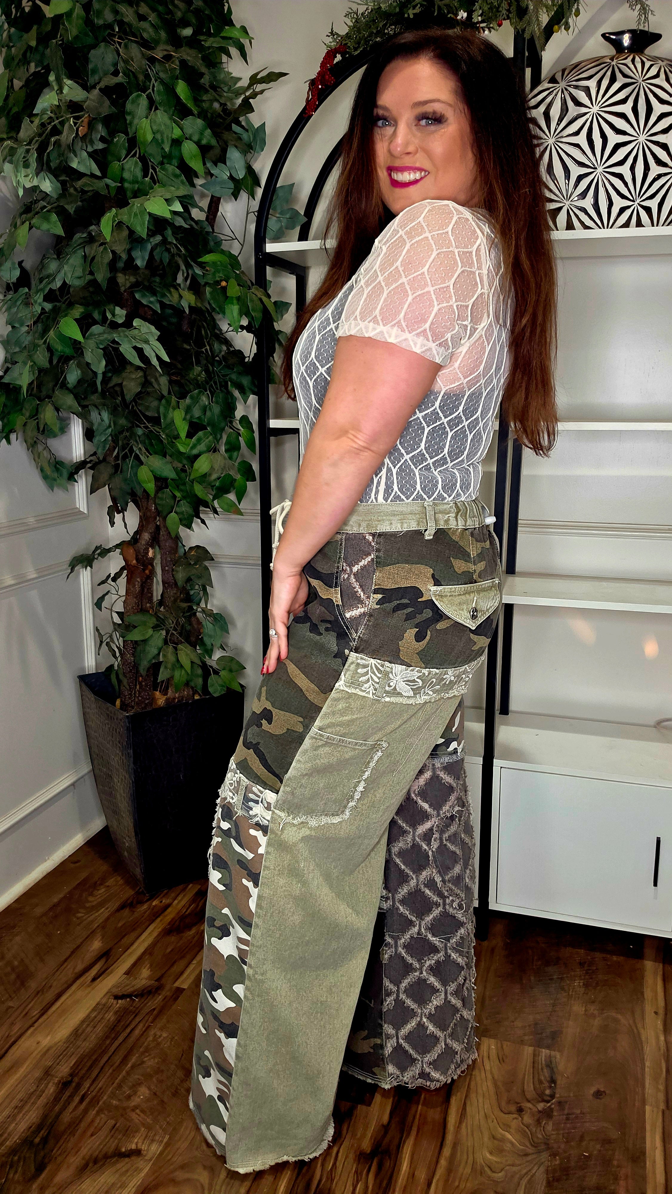 Camoflauge Patchwork Wide Leg Cargo Pants