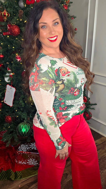 Embellished Santa Mesh Top