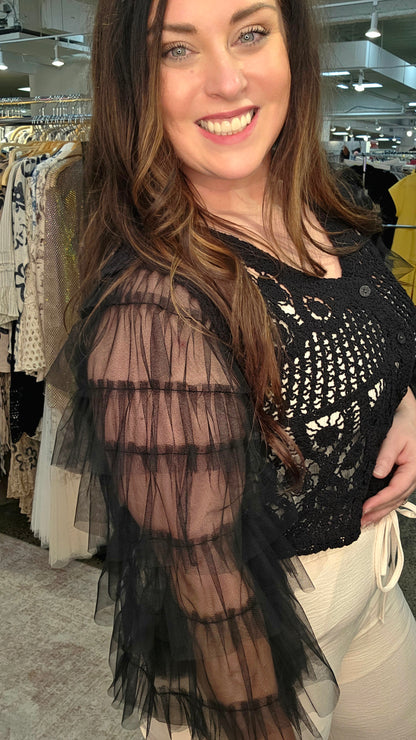 Runway Romance Crochet &amp; Tulle Cropped Cardigan